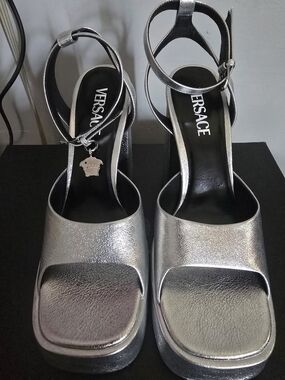 Versace Metallic Silver Platform Ankle-Strap Sandals